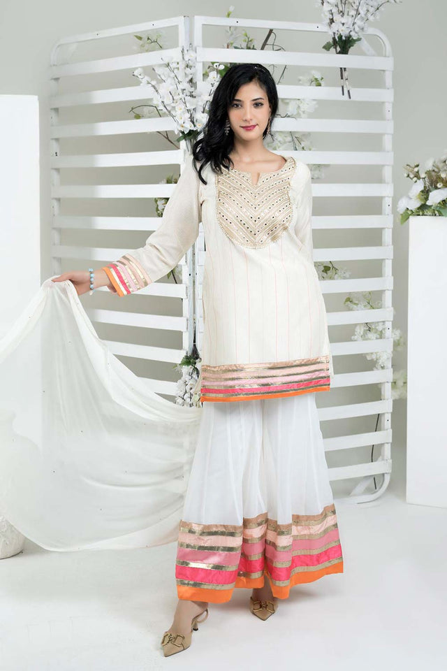 Off White Art Silk Stitched Sharara Suit Set