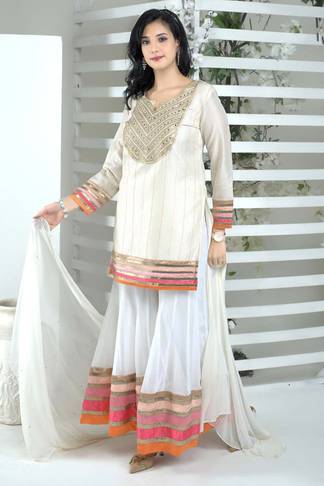 Off White Art Silk Stitched Sharara Suit Set
