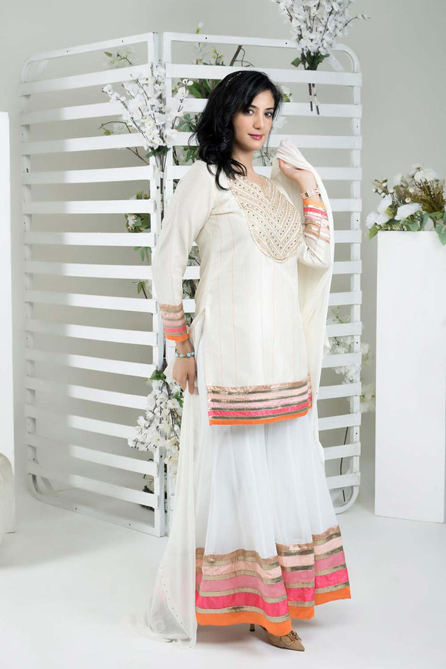 Off White Art Silk Stitched Sharara Suit Set
