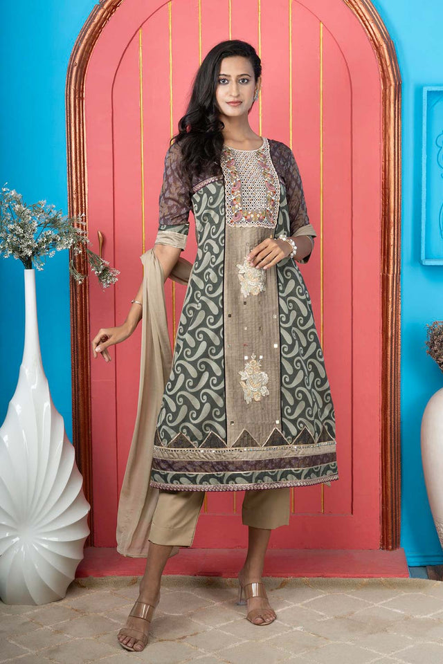 Green Silk Stitched Anarkali Trouser Kurti Dupatta Readymade Suits