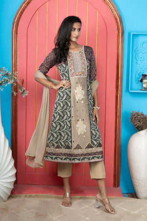 Green Silk Stitched Anarkali Trouser Kurti Dupatta Readymade Suits