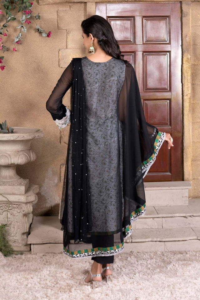 Black Embroidered Georgette Stitched Anarkali Suit Set