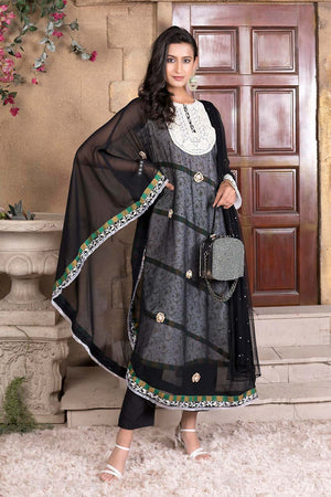 Black Embroidered Georgette Stitched Anarkali Suit Set