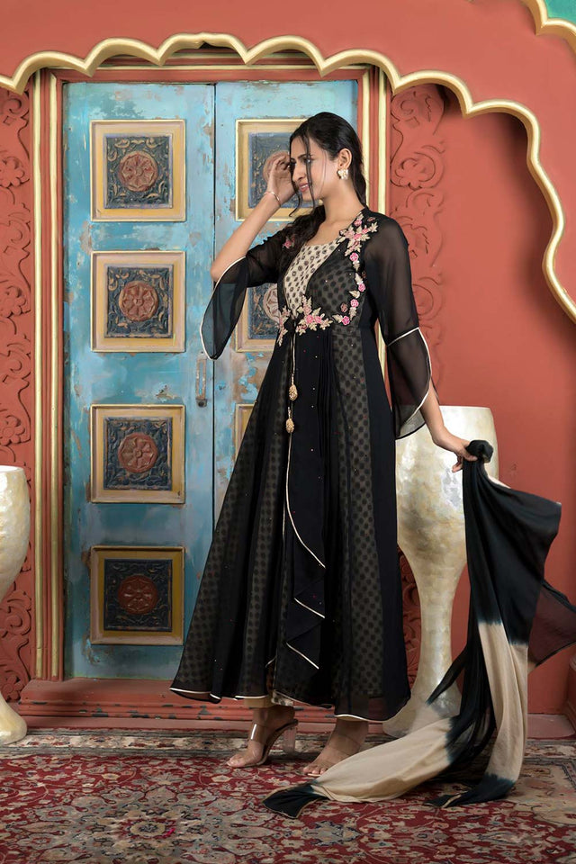 Black Embroidered Georgette Stitched Anarkali Suit Set
