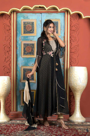 Black Embroidered Georgette Stitched Anarkali Suit Set