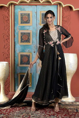 Black Embroidered Georgette Stitched Anarkali Suit Set