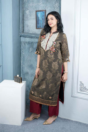 Brown Embroidered Silk Straight Cut Kurti Palazzo Set