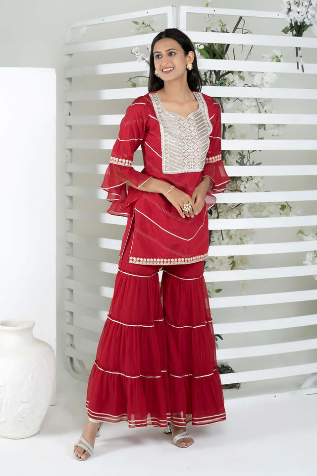 Maroon Embroidered Cotton Straight Cut Sharara Suit Set