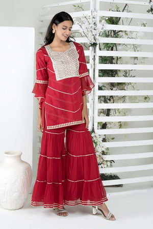 Maroon Embroidered Cotton Straight Cut Sharara Suit Set