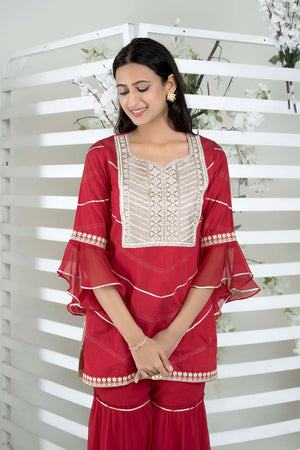 Maroon Embroidered Cotton Straight Cut Sharara Suit Set
