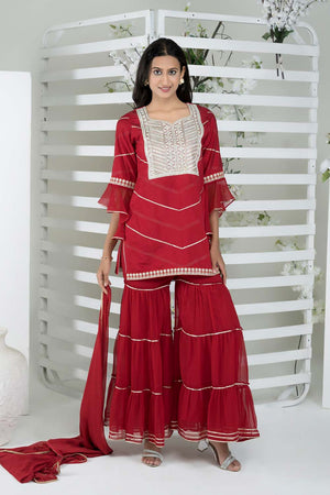 Maroon Cotton Stitched Straight Cut Sharara Sharara Suit Set