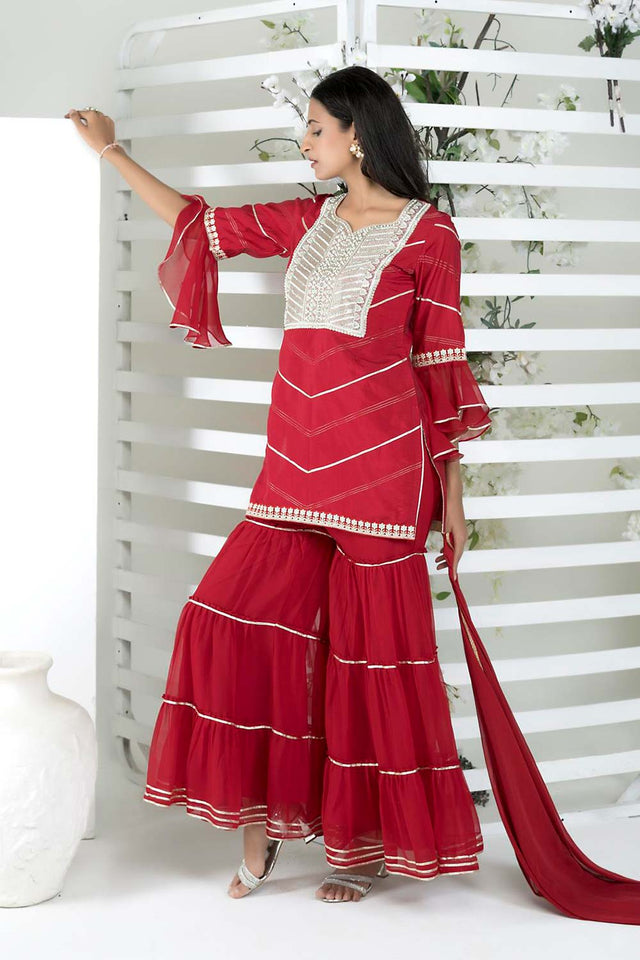 Maroon Cotton Stitched Straight Cut Sharara Sharara Suit Set