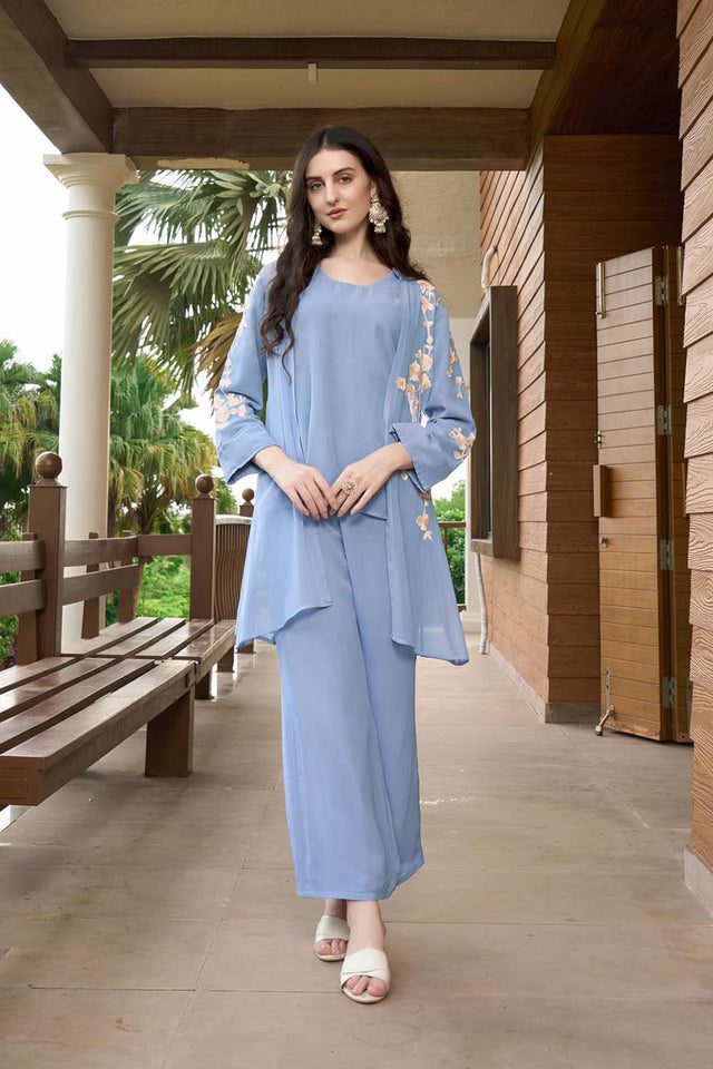 Blue Hand Embroidery Art Silk Jacket Styles Kurti