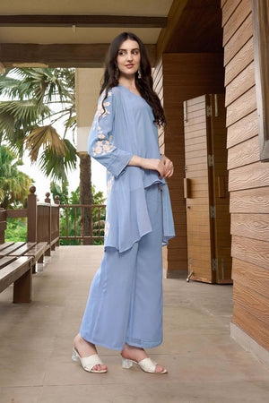 Blue Hand Embroidery Art Silk Jacket Styles Kurti