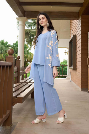 Blue Hand Embroidery Art Silk Jacket Styles Culottes Kurti Pant Set