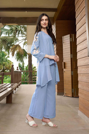 Blue Hand Embroidery Art Silk Jacket Styles Culottes Kurti Pant Set
