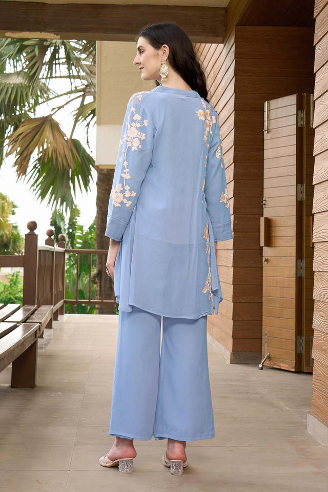 Hand Embroidery Art Silk Jacket Styles Culottes Kurti Pant Set