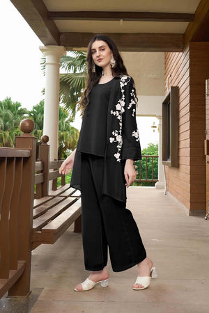 Black Hand Embroidery Art Silk Jacket Styles Culottes Kurti Pant Set