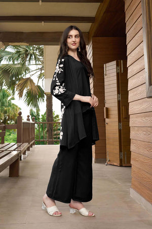 Black Hand Embroidery Art Silk Jacket Styles Culottes Kurti Pant Set