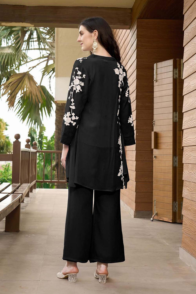 Black Hand Embroidery Art Silk Jacket Styles Culottes Kurti Pant Set