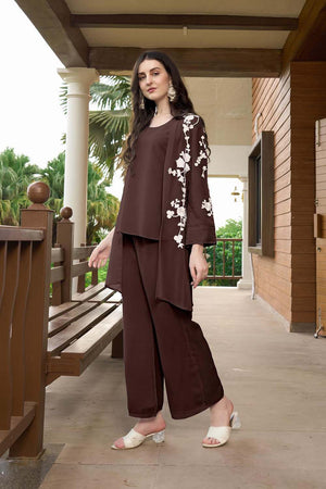 Brown Hand Embroidery Art Silk Jacket Styles Kurti