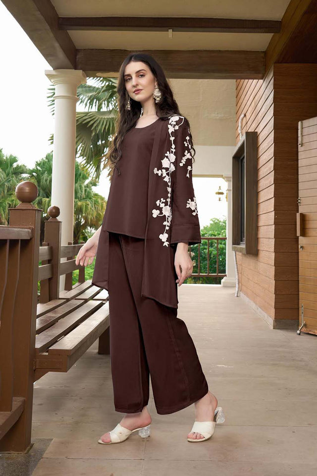 Brown Hand Embroidery Art Silk Jacket Styles Culottes Kurti Pant Set