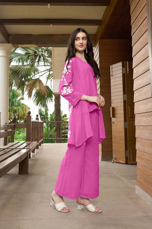 Pink Hand Embroidery Art Silk Jacket Styles Culottes Kurti Pant Set