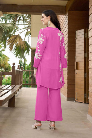 Pink Hand Embroidery Art Silk Jacket Styles Culottes Kurti Pant Set