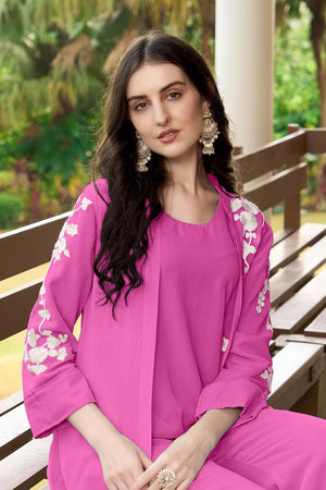 Pink Hand Embroidery Art Silk Jacket Styles Culottes Kurti Pant Set