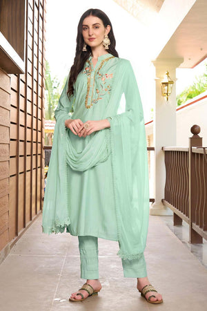 Green Art Silk Embroidered Kurti Pant Set