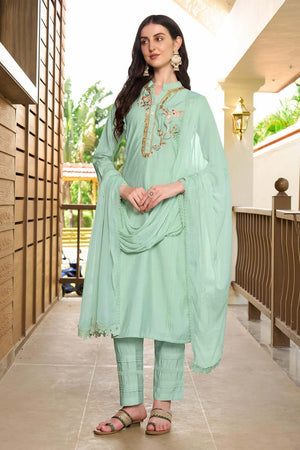 Green Art Silk Embroidered Kurti Pant Set