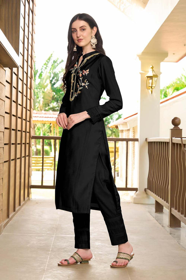 Black Hand Embroidery Art Silk Straight Cut Suit Set