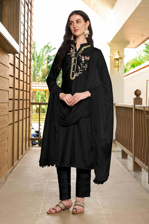 Black Art Silk Embroidered Kurti Pant Set