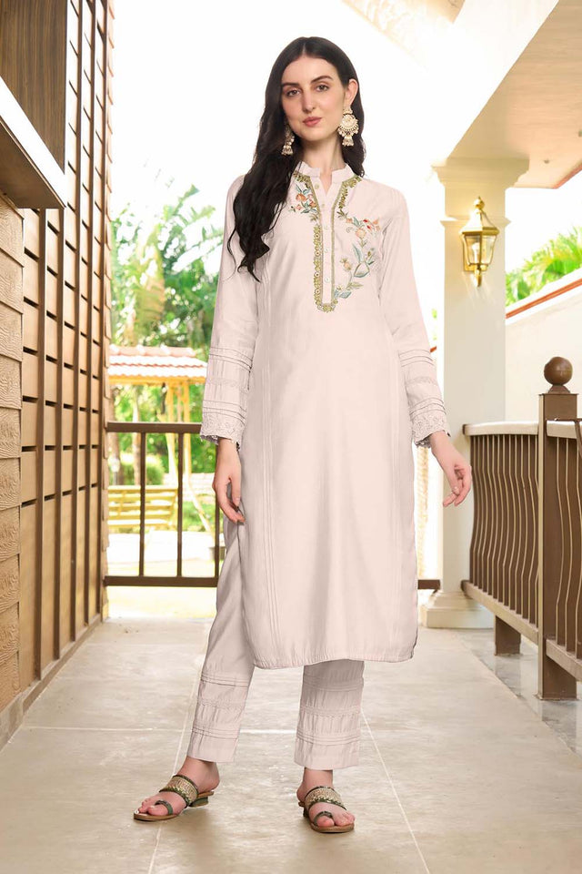Off White Hand Embroidery Art Silk Straight Cut Suit Set
