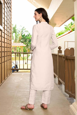 Off White Hand Embroidery Art Silk Straight Cut Suit Set