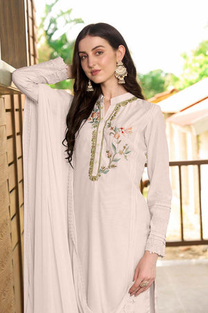 White Art Silk Embroidered Kurti Pant Set