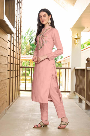 Light Pink Hand Embroidery Art Silk Straight Cut Suit Set