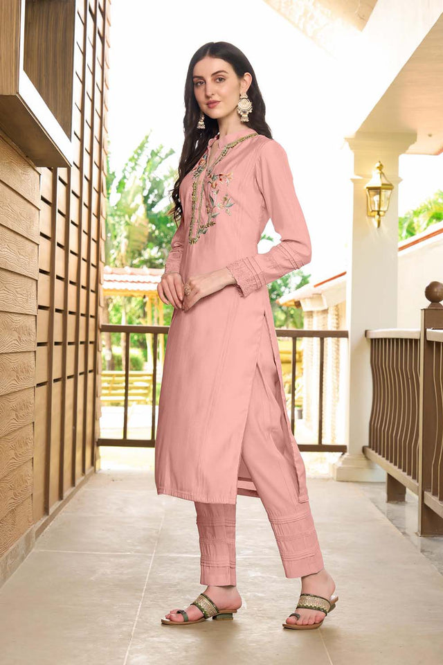 Light Pink Hand Embroidery Art Silk Straight Cut Suit Set