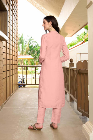Light Pink Hand Embroidery Art Silk Straight Cut Suit Set