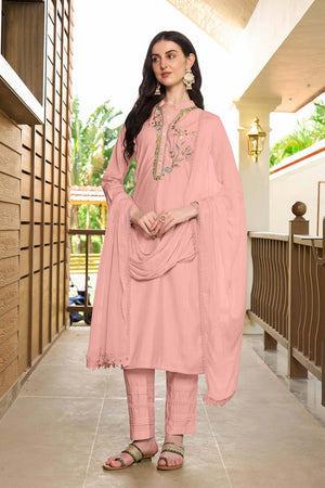 Pink Art Silk Embroidered Kurti Pant Set