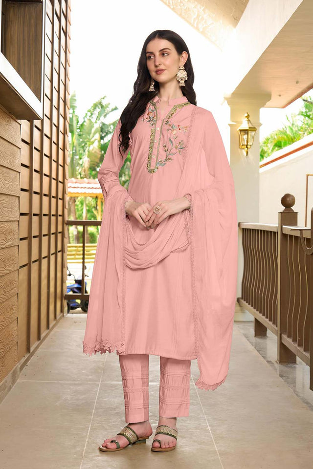 Pink Art Silk Embroidered Kurti Pant Set