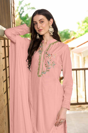 Pink Art Silk Embroidered Kurti Pant Set