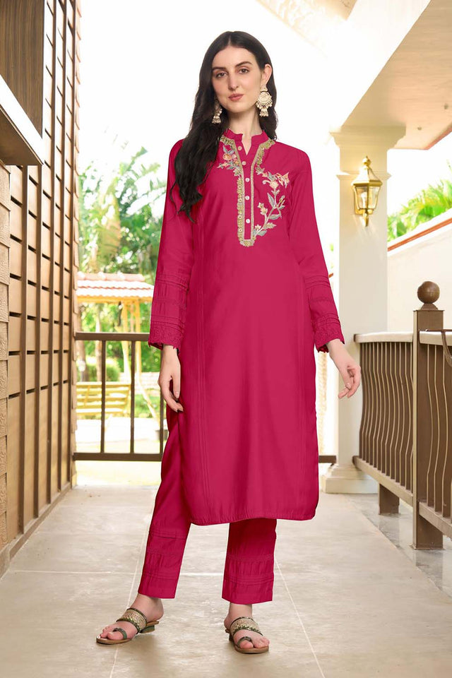 Pink Hand Embroidery Art Silk Straight Cut Suit Set