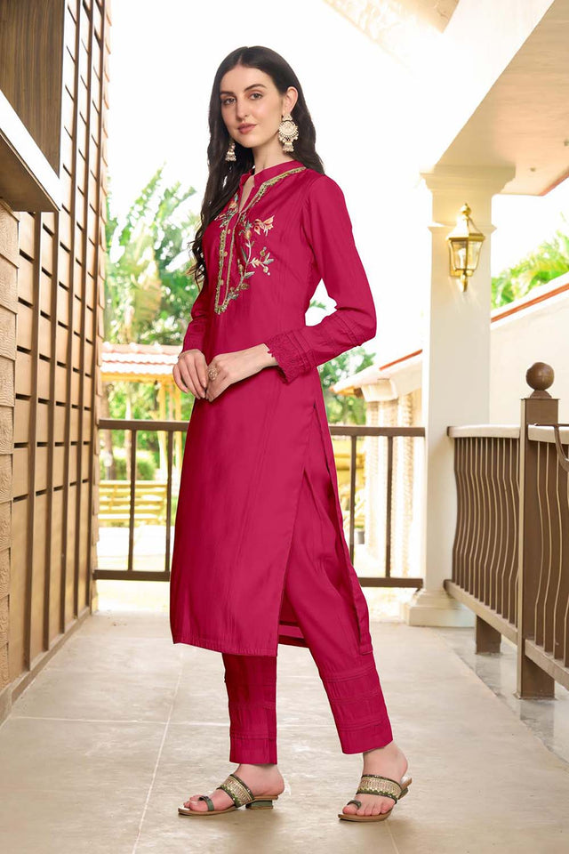 Pink Hand Embroidery Art Silk Straight Cut Suit Set
