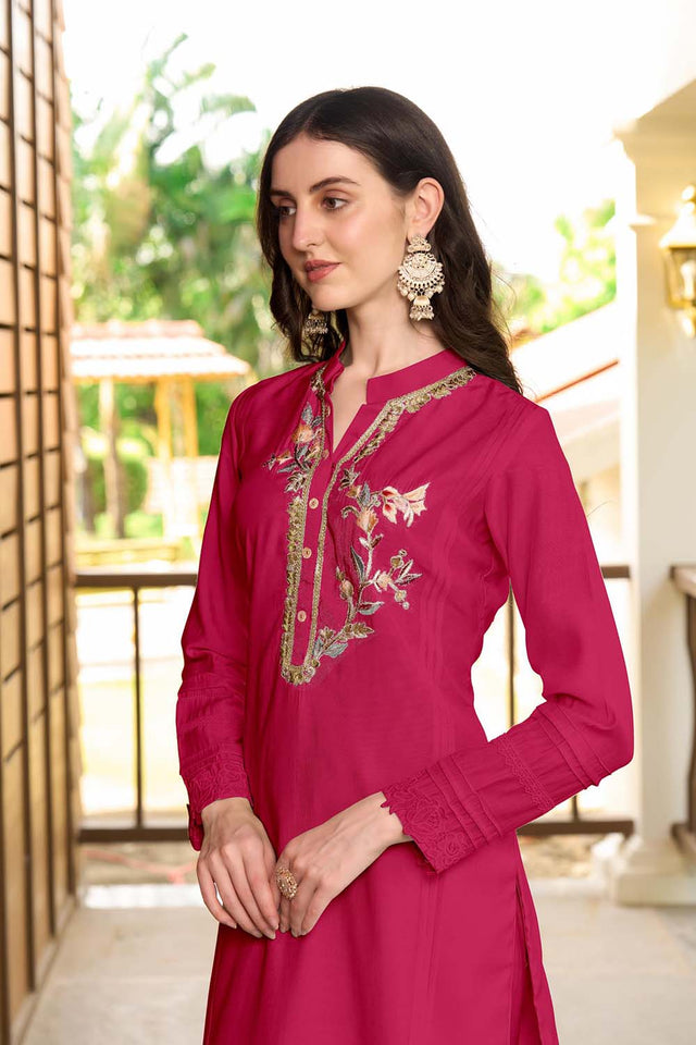 Pink Hand Embroidery Art Silk Straight Cut Suit Set