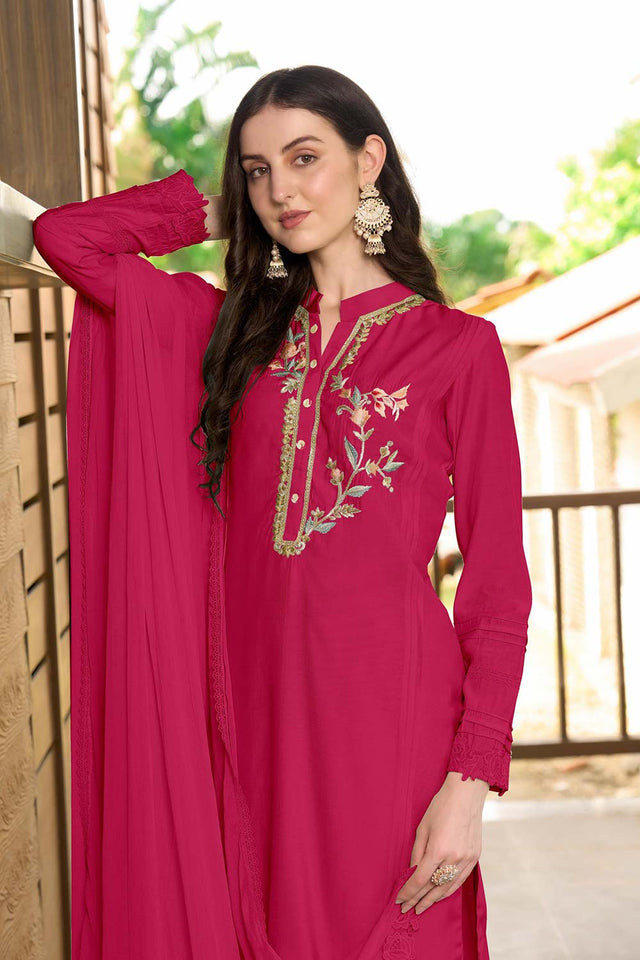 Pink Art Silk Embroidered Kurti Pant Set