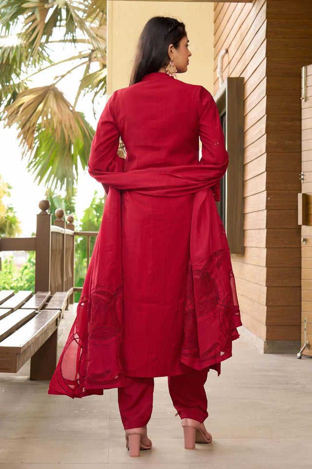 Red Art Silk Embroidered Kurti Pant Set