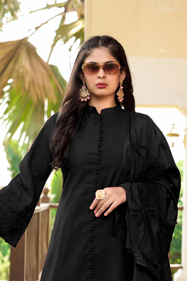 Black Art Silk Embroidered Kurti Pant Set