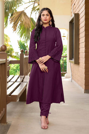 Violet Hand Embroidery Art Silk A Line Kurti