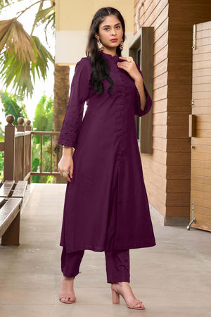 Violet Hand Embroidery Art Silk A Line Kurti